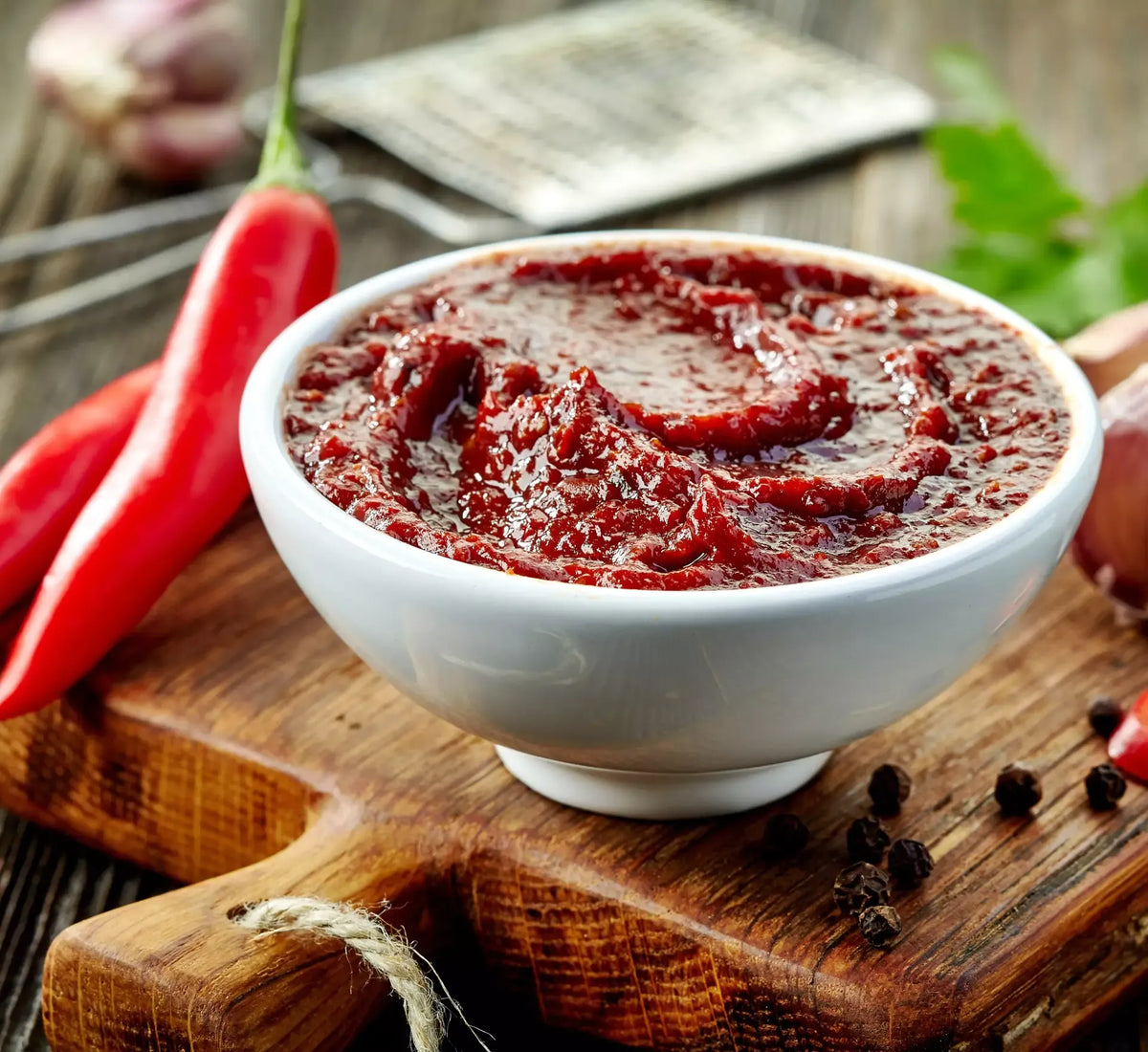Delicious Arrabbiata sauce, served in a white bowl on a wooden chopping board, with fresh chillies, garlic and black pepper in the background.