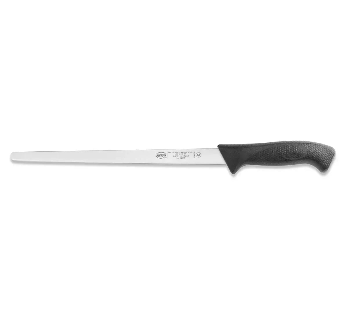 Immagine di un coltello professionale da 28 cm, perfetto per chef. Ha una lama affilata per un taglio preciso del prosciutto e un manico nero ergonomico.