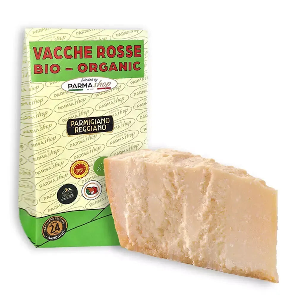 Un Parmigiano Reggiano biologico, prodotto di 24 mesi dalle Vacche Rosse di montagna, ricco di sapore e radicato nella tradizione italiana.