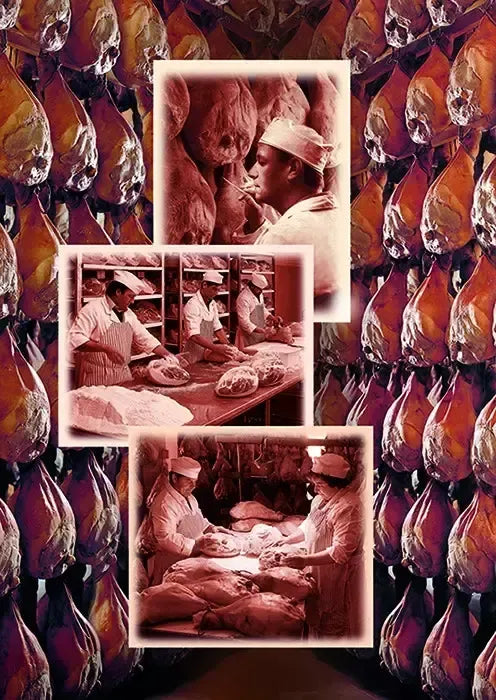 Un prosciutto di Parma DOP, stagionato per 30 mesi, simbolo dell'arte e della tradizione italiana, custodito nel cuore delle cantine di Parma.