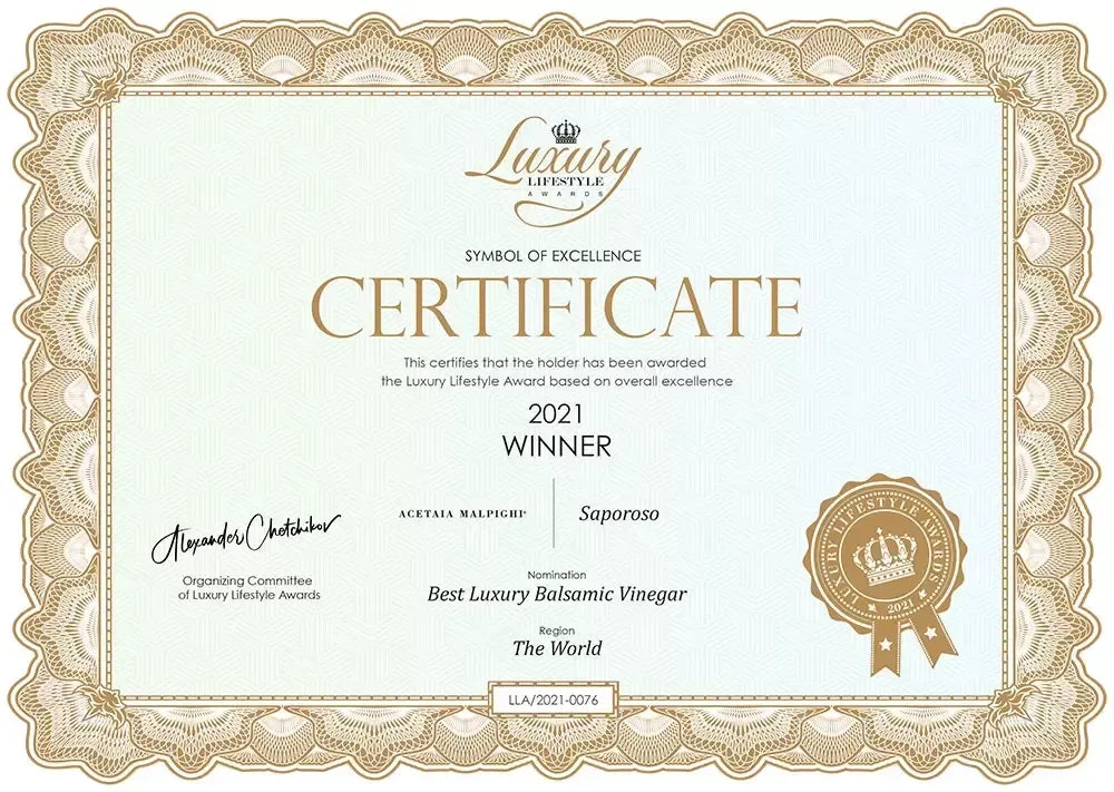 Saporoso si aggiudica il Certificato di Eccellenza 2021 come miglior condimento al mondo con Aceto Balsamico di Modena IGP.