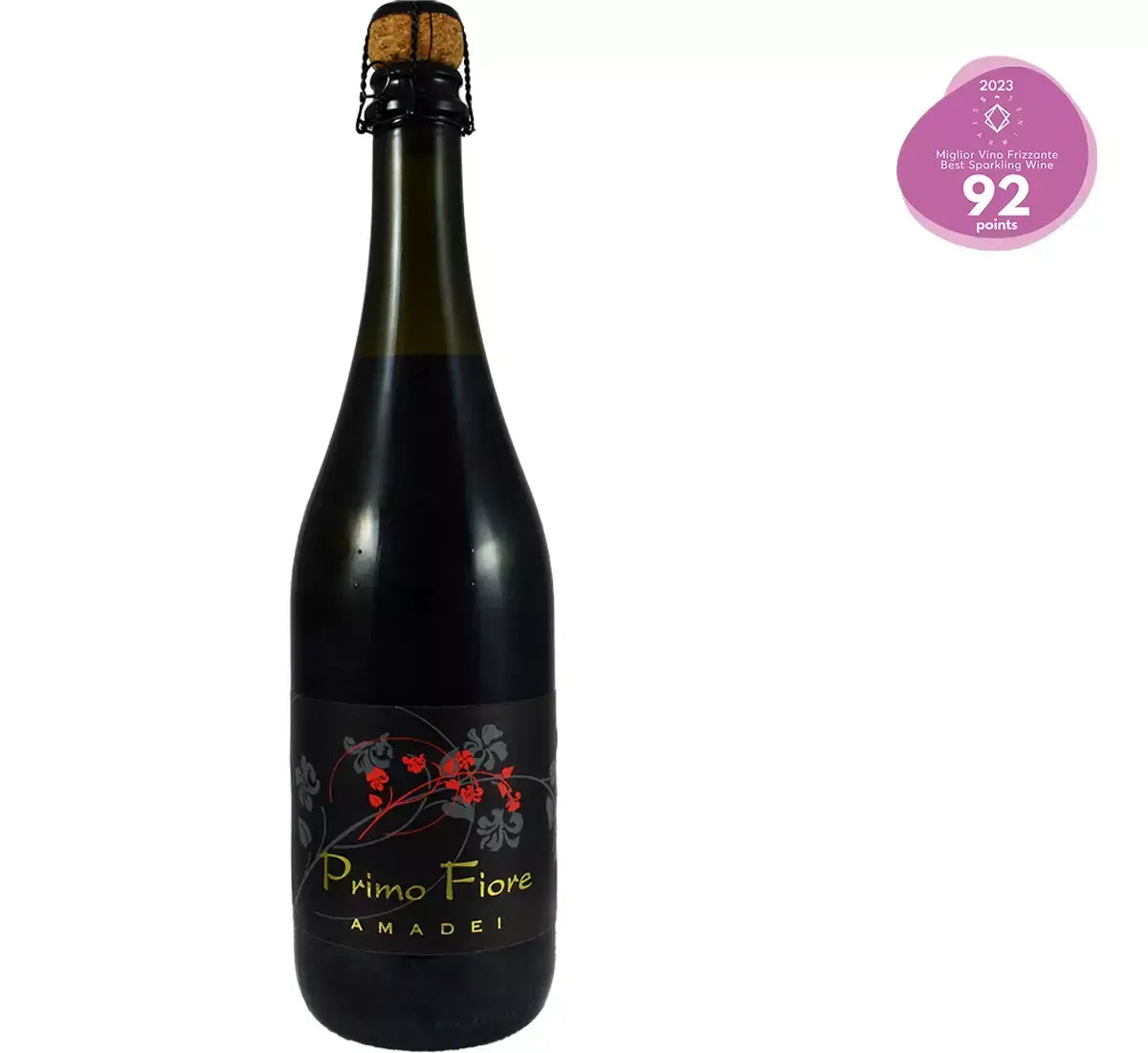 Premiato a Vinitaly 2023, il Lambrusco Primo Fiore si mostra in una bottiglia con etichetta scura e tappo a fungo.