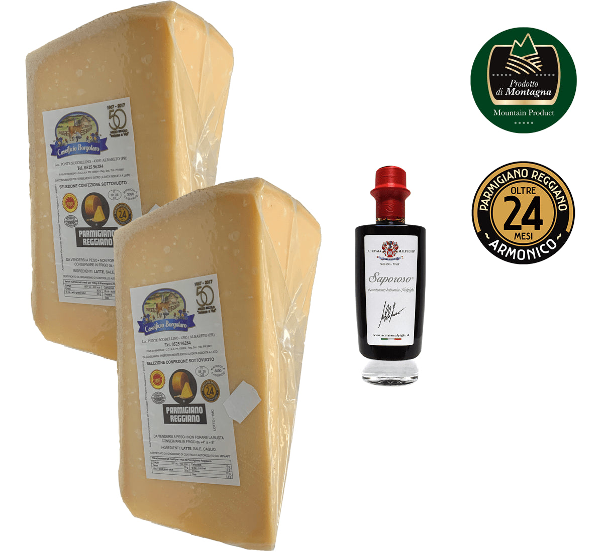 Selezione Splendor offre un Parmigiano Reggiano stagionato 24 mesi (2 pezzi da 1,35 kg ciascuno) e un balsamico di Modena IGP, invecchiato per 6 anni.