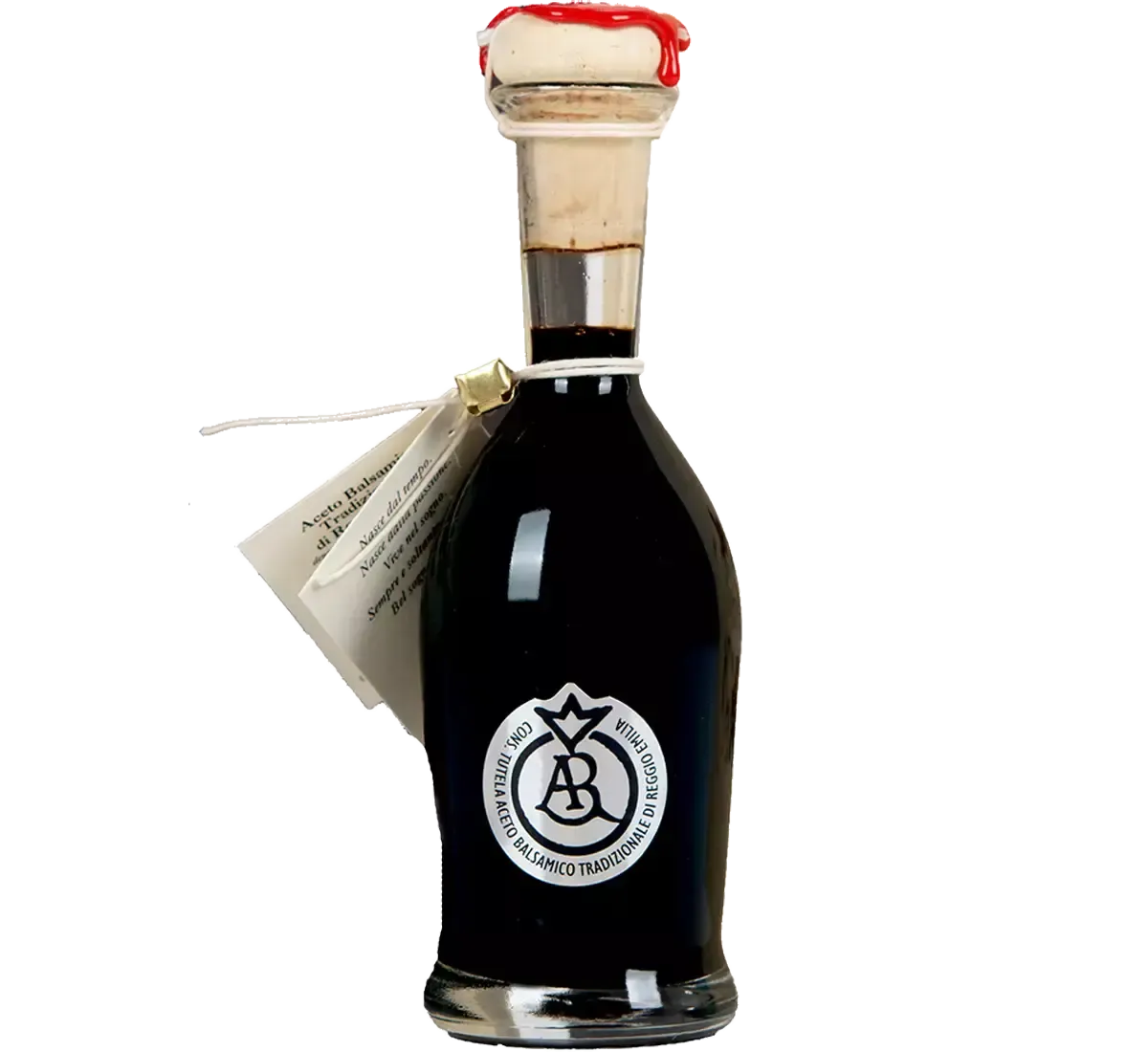 Un'immagine ritrae un'elegante bottiglia di Aceto Balsamico Tradizionale di Reggio Emilia DOP, sigillata con ceralacca rossa, simbolo di prestigio.