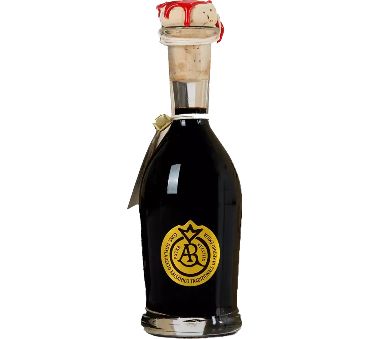 Un'elegante bottiglia di Aceto Balsamico Tradizionale DOP Reggio Emilia, impreziosita da un sigillo d'oro, tappi di cera rossa su vetro scuro.