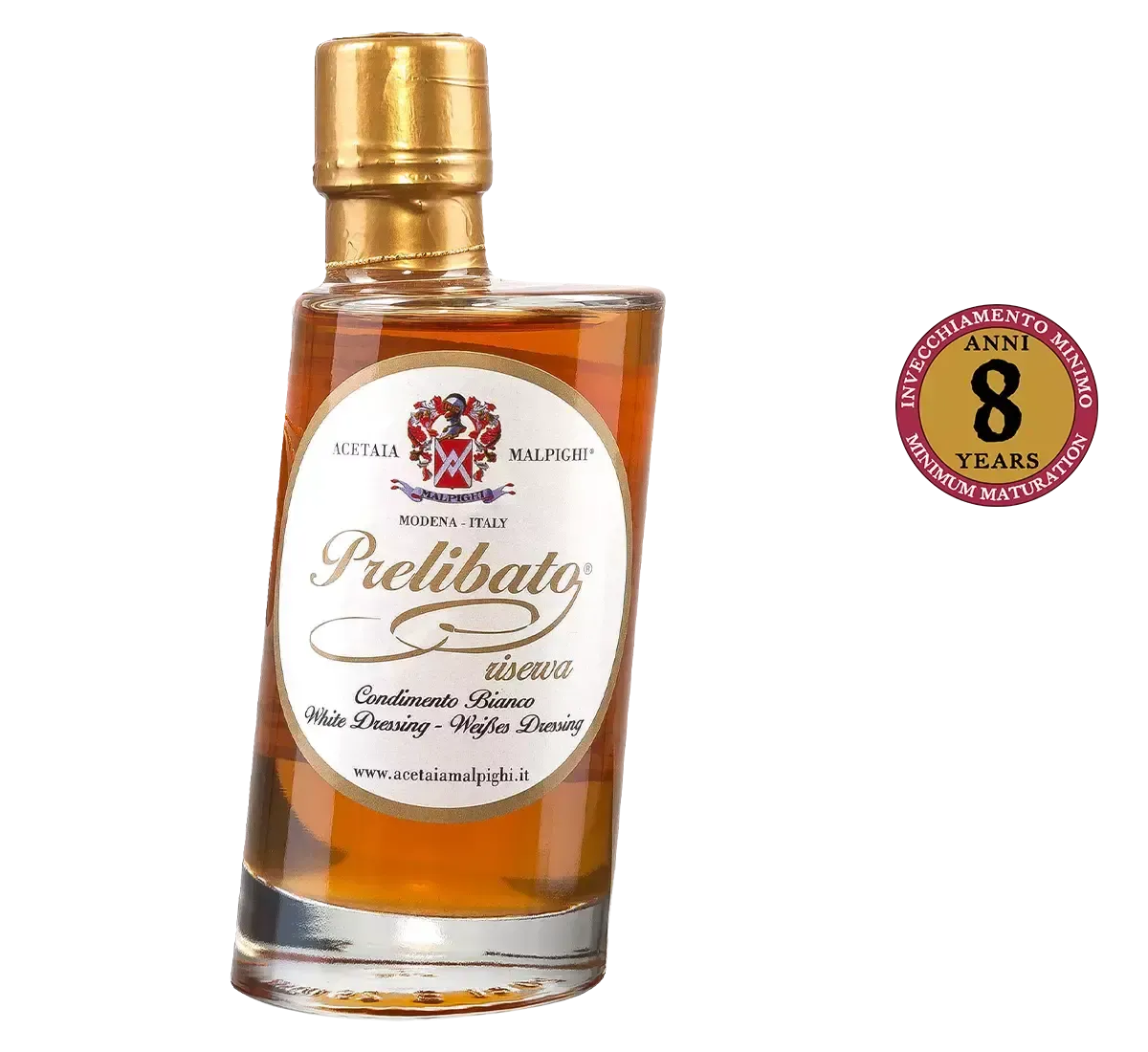 Condimento bianco Riserva di 8 anni in una bottiglia elegante, perfetto per esaltare la ricchezza dei piatti italiani raffinati.