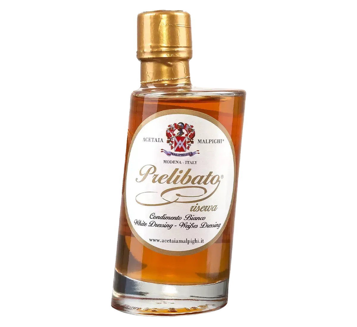 Una bottiglia elegante custodisce un condimento bianco prelibato, riserva di 8 anni, con un liquido ambrato e un tappo dorato, simbolo di sapori raffinati.