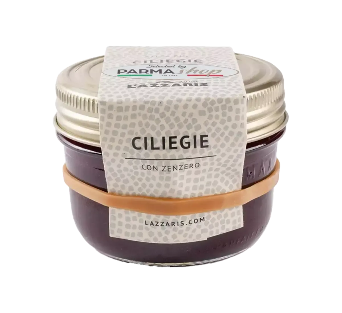 Barattolo di salsa biologica, fatta di ciliegie e zenzero, ideale per condire formaggi e carni bianche, con un gusto artigianale agrodolce.