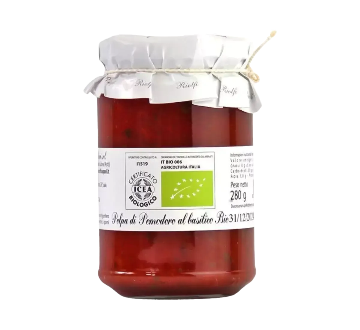 Un barattolo da 280g di autentica polpa di pomodoro al basilico biologico, con distintiva etichetta verde, evoca il vero sapore italiano.