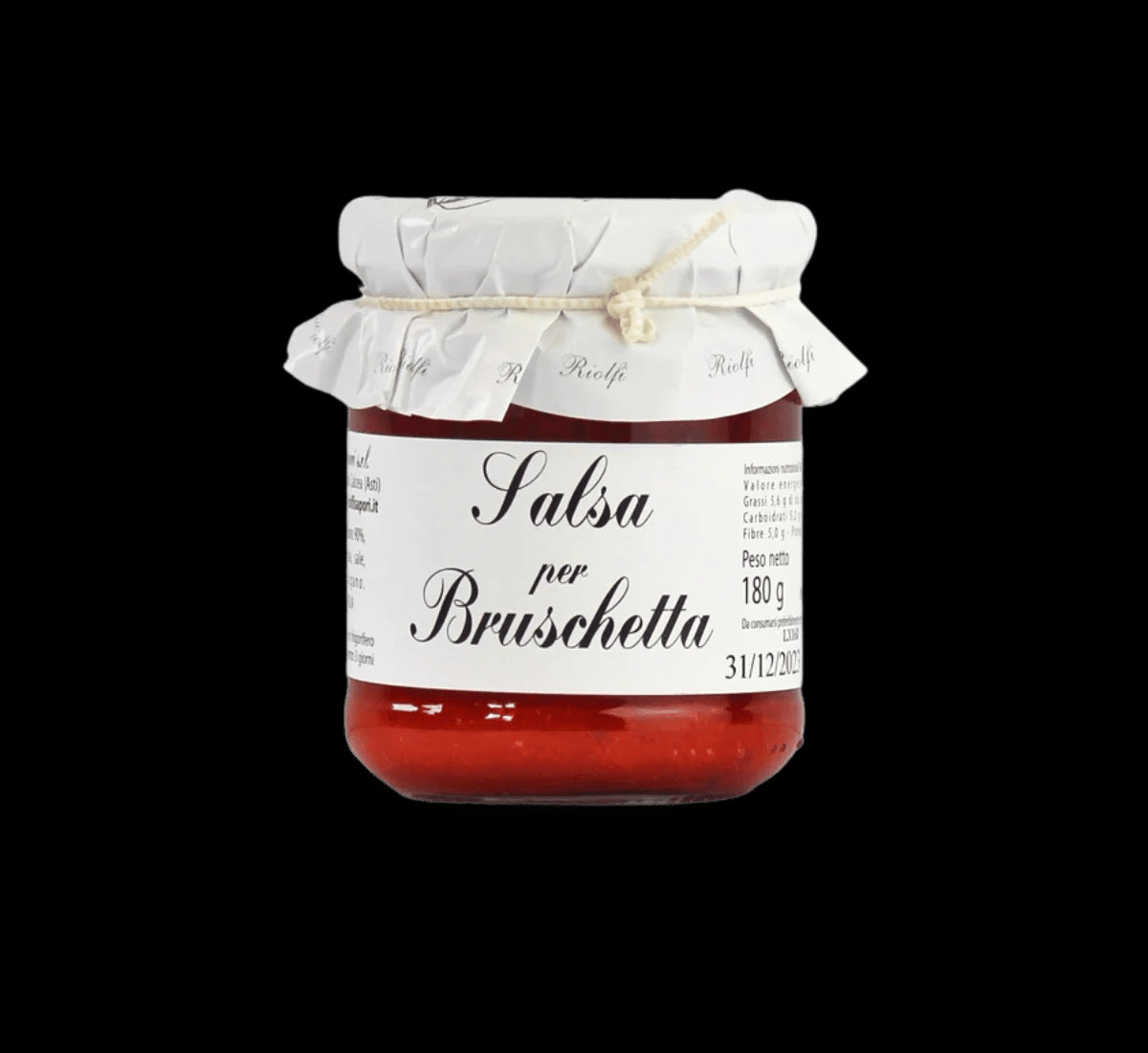 Un barattolo di salsa bruschetta, ricca di pomodori freschi, olio d'oliva e spezie, ideale per arricchire il tuo pane tostato fatto in casa.