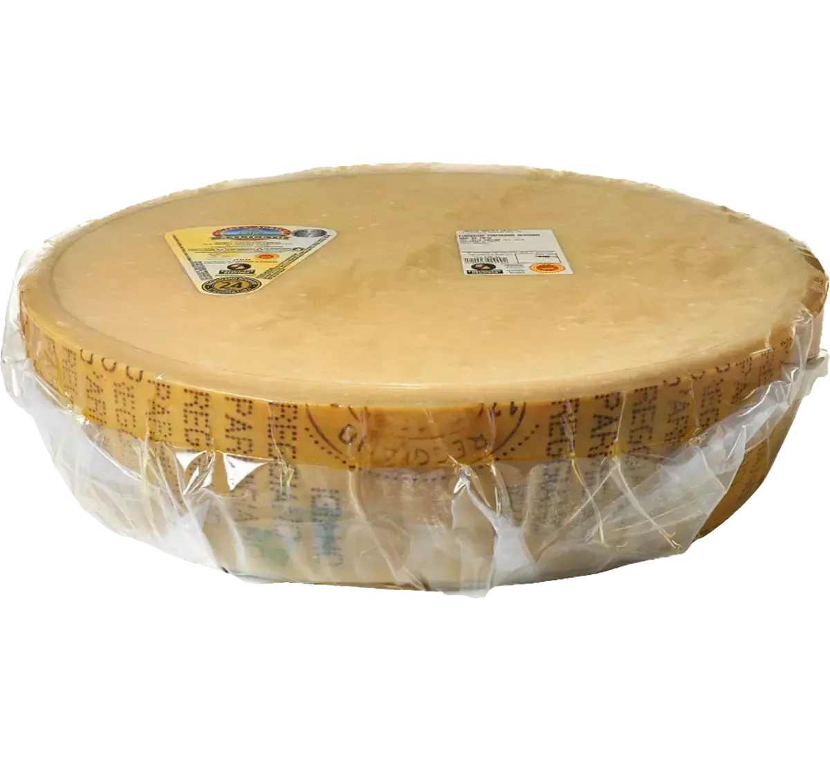 Una mezza forma di Parmigiano Reggiano DOP invecchiato 24 mesi, formaggio robusto di montagna, accompagnato da coltellini artigianali.