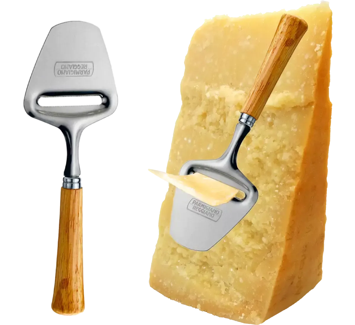 Un elegante affetta formaggi, dotato di manico in legno e lama in acciaio, ideale per sottili fette di parmigiano stagionato.