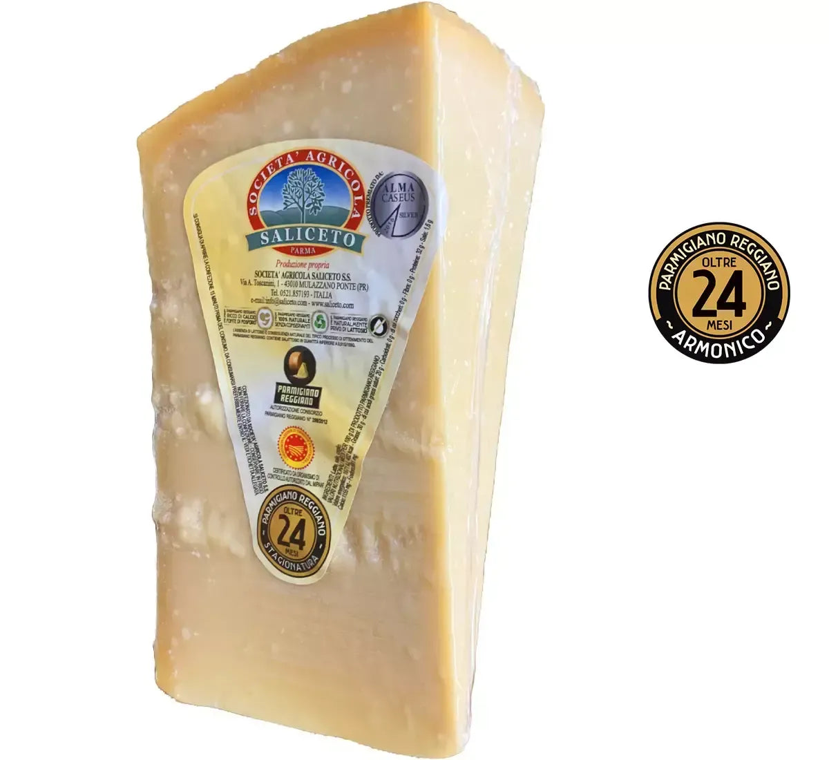 Parmigiano Reggiano stagionato per 24 mesi, con etichetta Saliceto, ideale per un Natale ricco di gusto e tradizione.