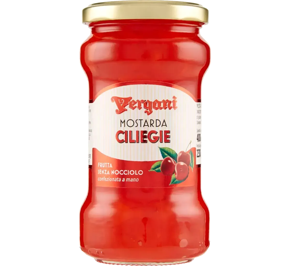 Vaso Vergani, ricolmo di mostarda di ciliegie succose e mature, con un coperchio dorato ed etichetta bianca.