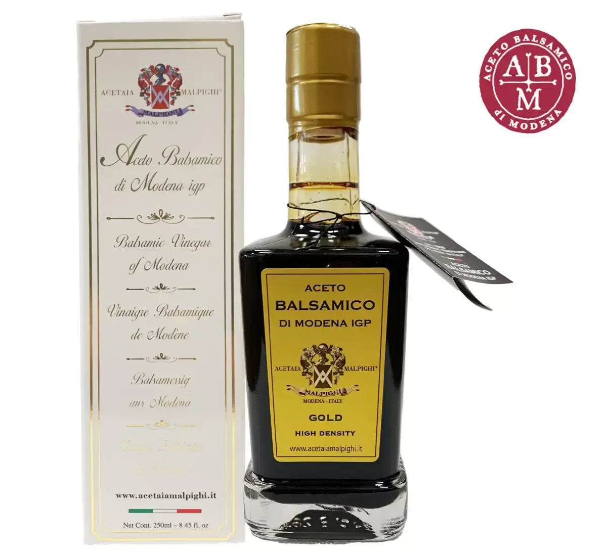 Un'elegante scatola natalizia Mattia, contenente un raffinato aceto balsamico di Modena IGP in una bottiglia con etichetta dorata.