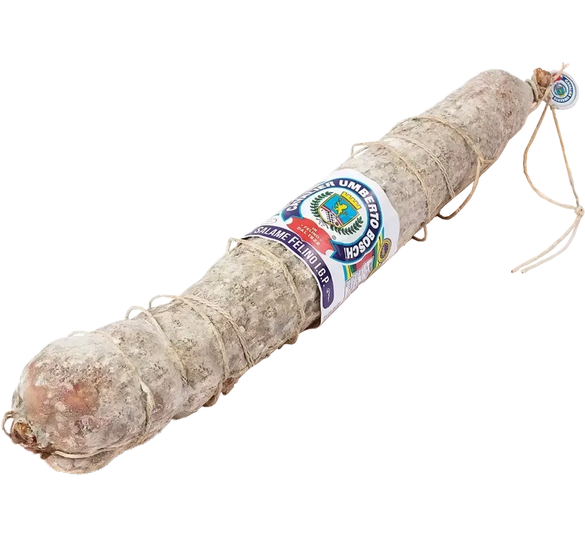 Un salame artigianale legato a mano, posato su una tavola rustica, è l'aggiunta ideale al tuo banchetto natalizio.