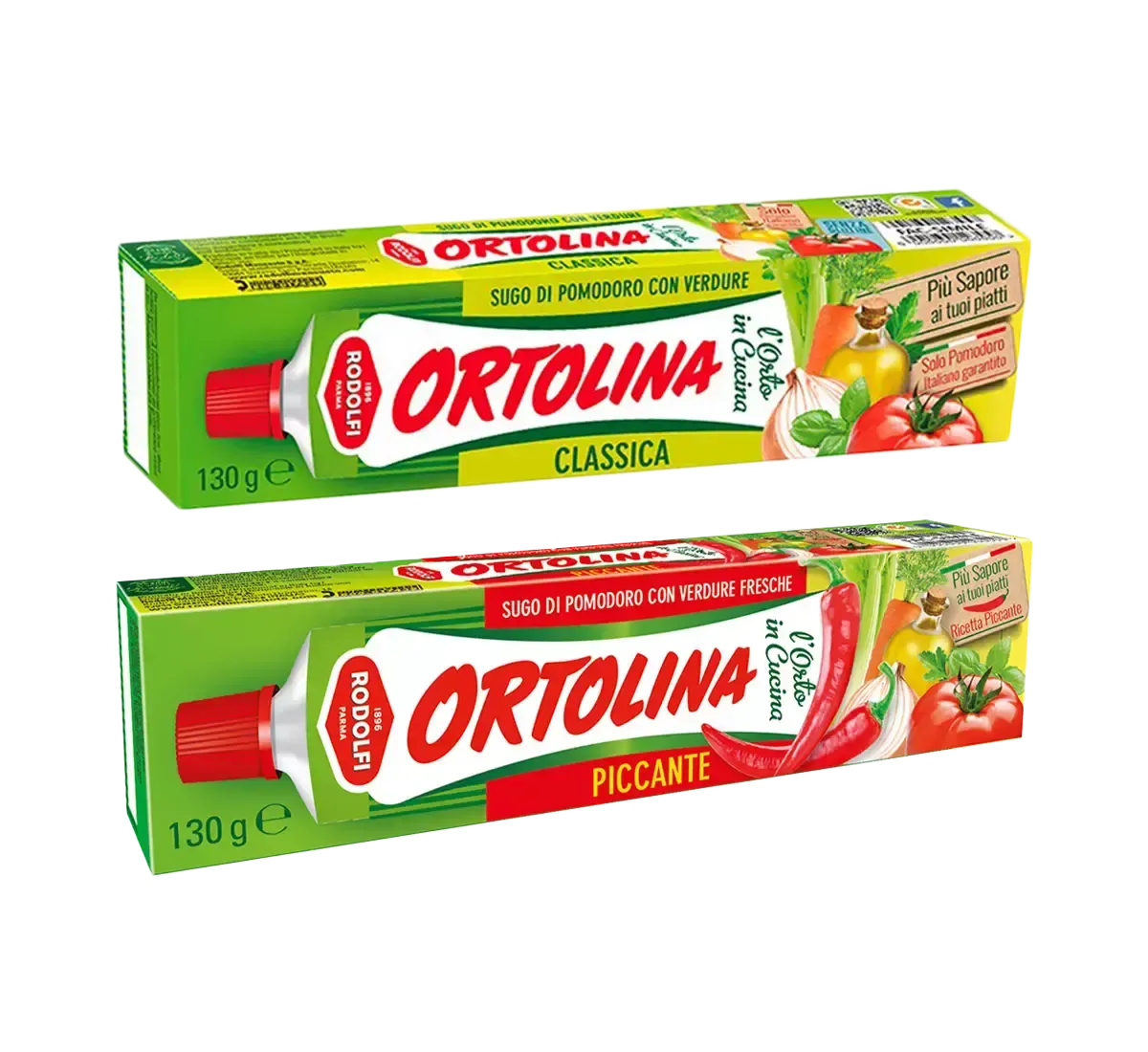 Ortolina offre un set di salse in tubetto, sia Classica che Piccante, preparate con pomodori freschi e verdure per un autentico gusto italiano.