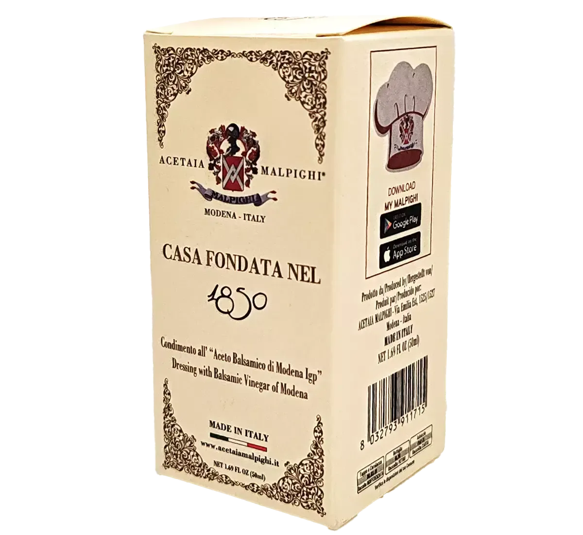 Vista di un'elegante scatola contenente condimento all'Aceto Balsamico di Modena IGP, prodotto da una Casa Fondata nel 1850, con un sigillo accuratamente dettagliato che ne racconta la storia.