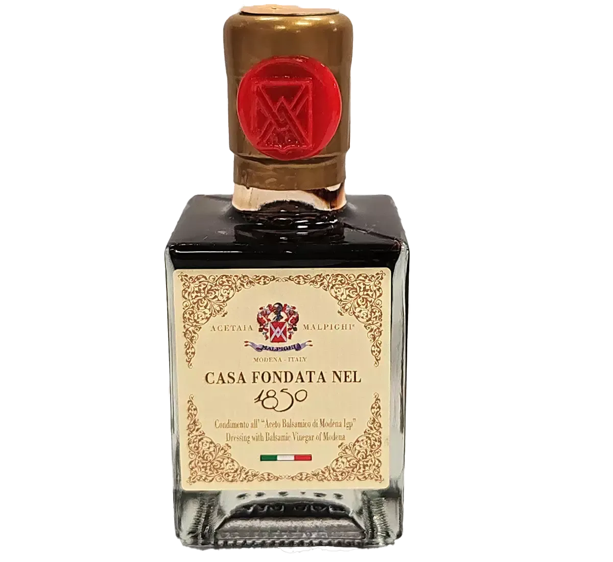 Una bottiglia di aceto balsamico IGP di Modena, dall'aspetto elegante, con tappo dorato e sigillo rosso. L'etichetta rivela la storicità della Casa Fondata nel 1850.