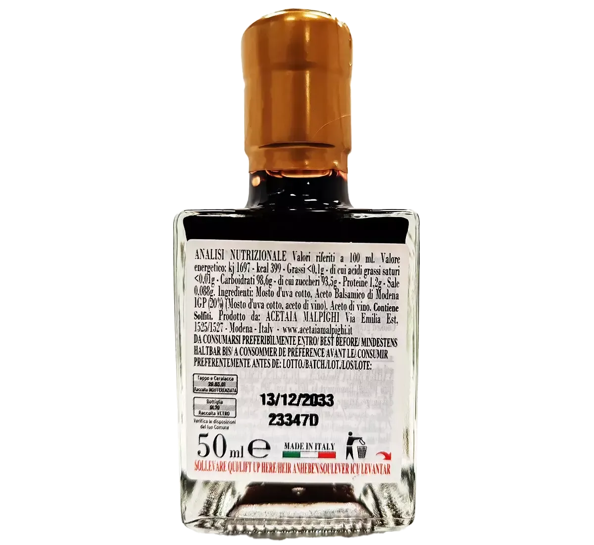 Elegante bottiglia da 50 ml di condimento aromatico all'Aceto Balsamico di Modena IGP, con tappo dorato, prodotta da una casa fondata nel 1850.