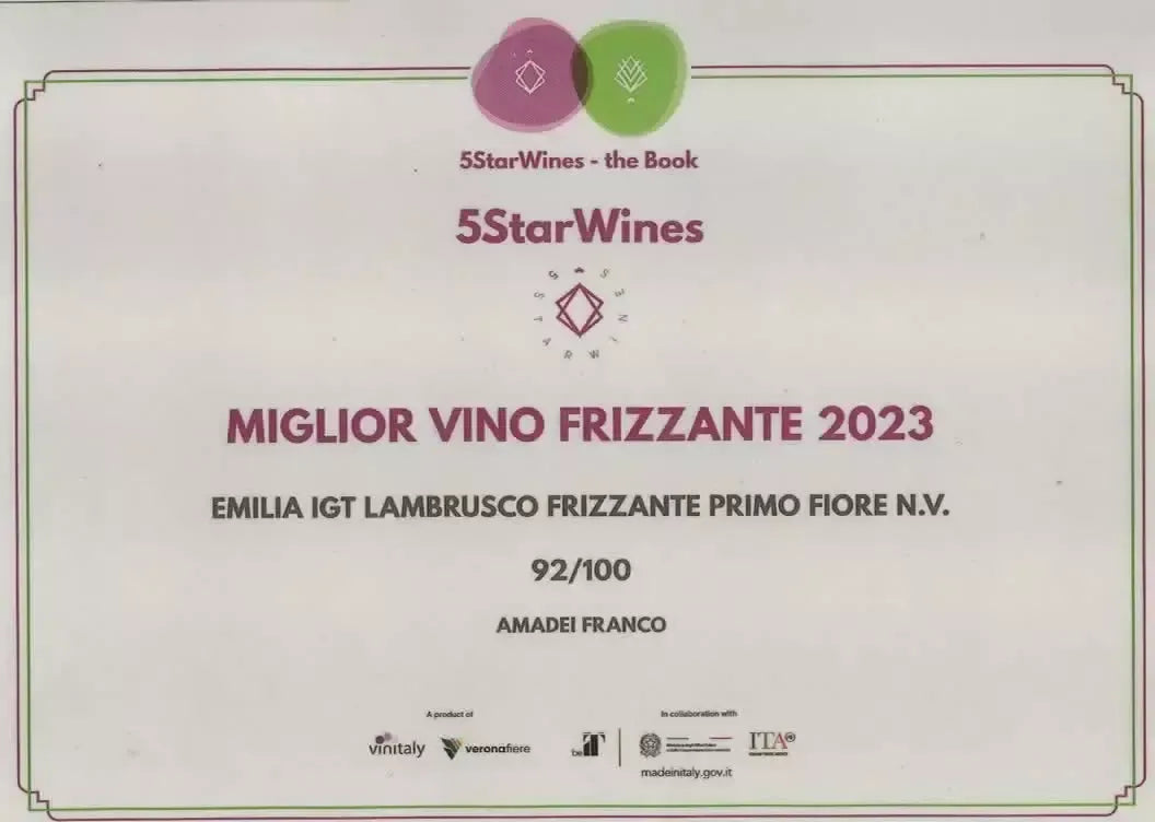 Lambrusco Emilia IGT Primo Fiore, premiato come Miglior Vino Frizzante 2023, con un punteggio di 92/100 da 5StarWines.