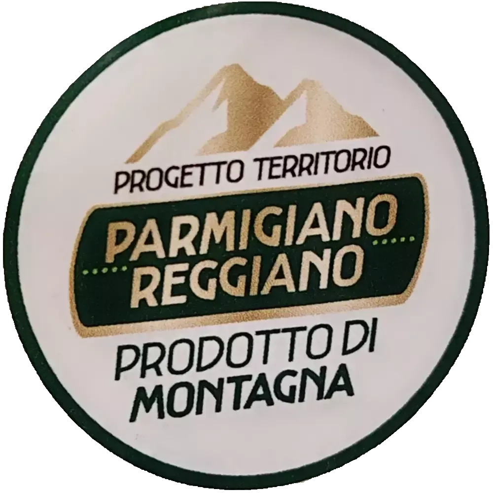 Un Parmigiano Reggiano DOP stagionato 24 mesi, presentato in mezza forma, si staglia tra un pittoresco scenario di montagne. Accanto, tre coltellini per il taglio artistico.
