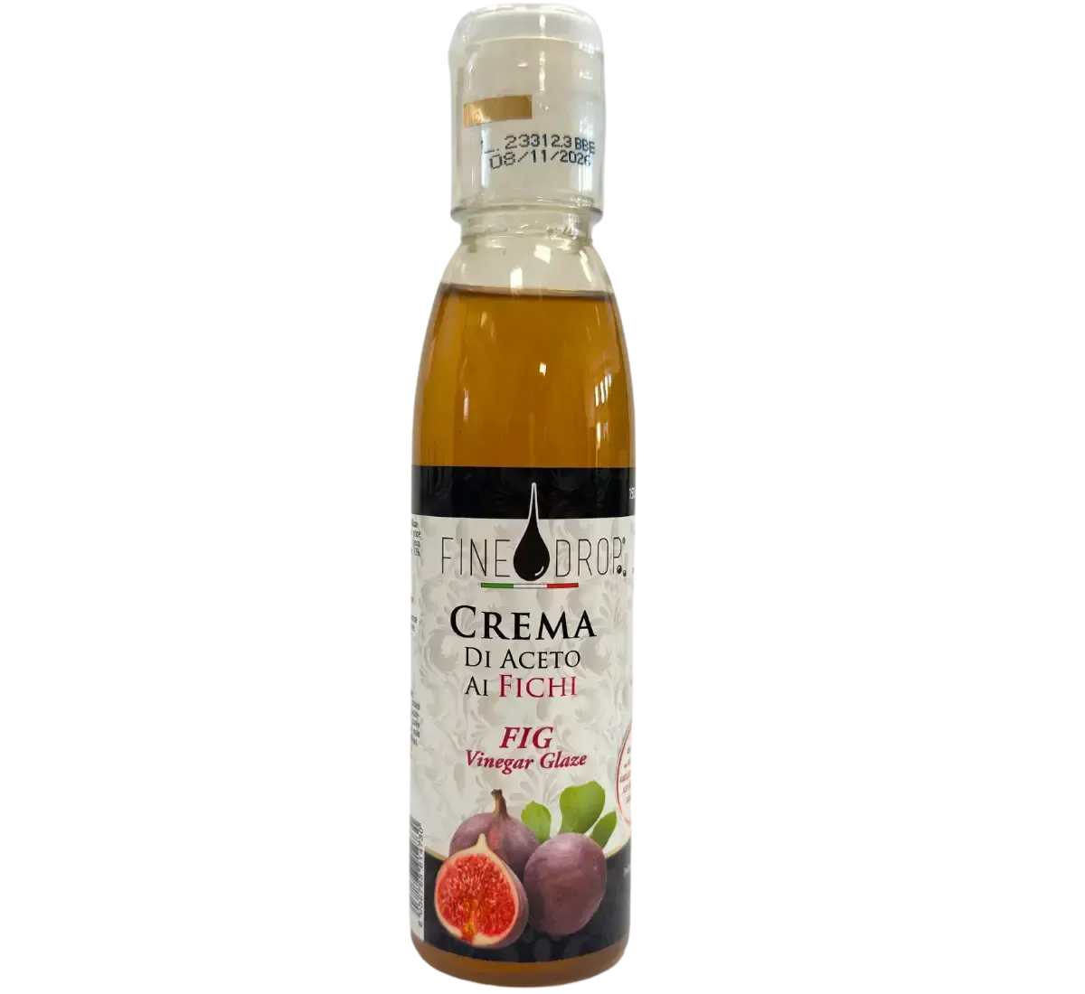 Una bottiglia di crema di aceto balsamico al sapore di fichi, con un'etichetta illustrata con disegni di fichi, ideale per arricchire piatti gourmet.