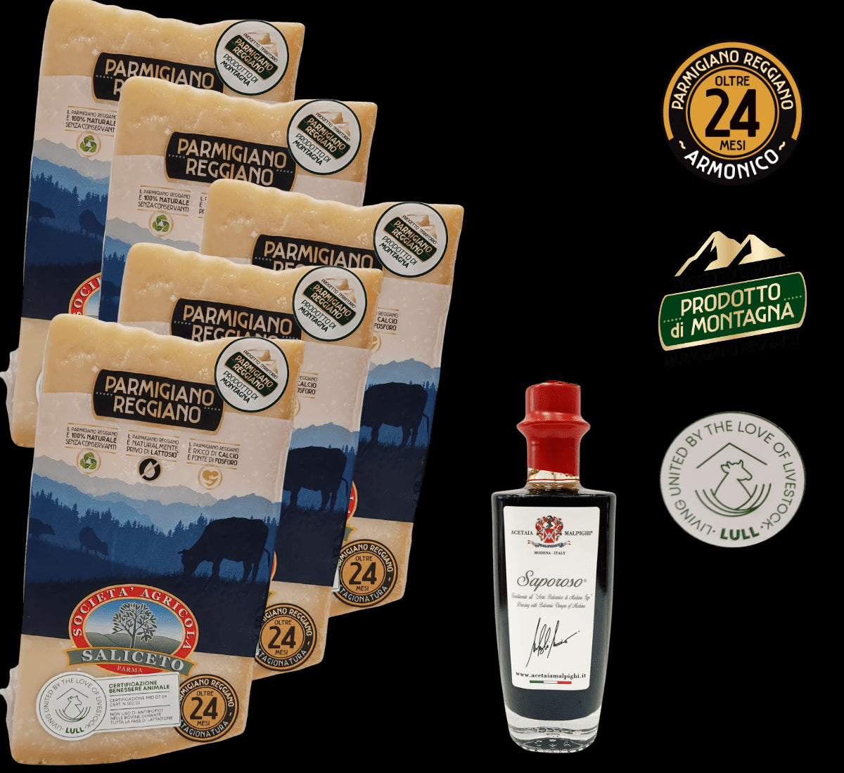 Vijf kostbare stukjes 24 maanden oude Parmigiano Reggiano, samen met een Saporoso Balsamico van hoge kwaliteit, vertegenwoordigen de authentieke Italiaanse smaak.