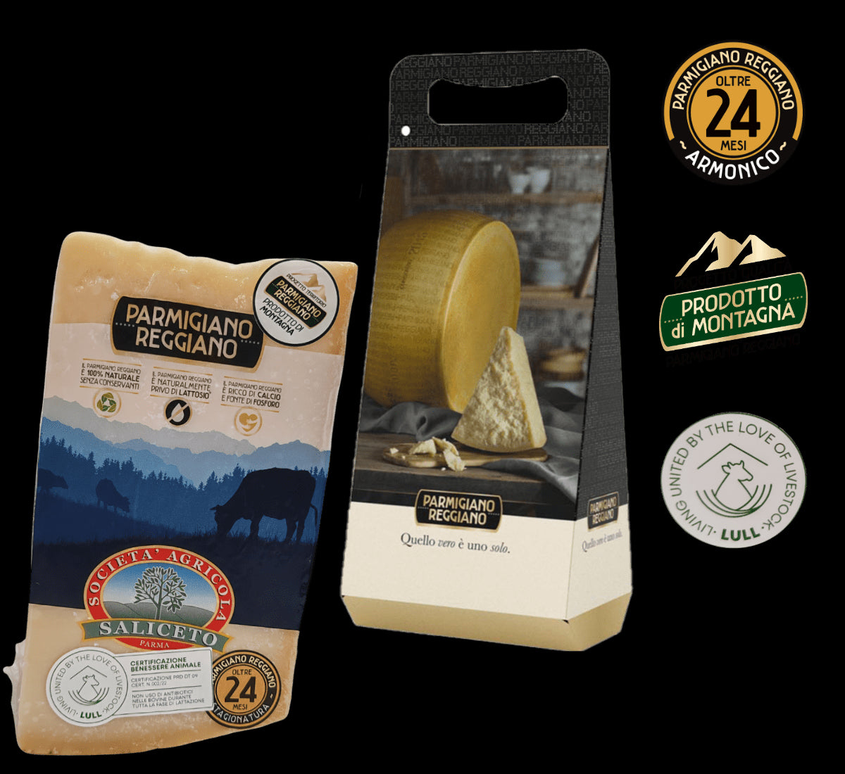 Iconico Parmigiano Reggiano DOP, stagionato per 24 mesi, presentato in una scatola regalo con etichetta rustica ed elegante.