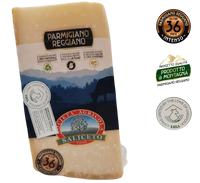Formaggio montano Parmigiano Reggiano DOP invecchiato 36 mesi, di un giallo paglierino, con un sapore ricco di noce moscata e frutta secca.