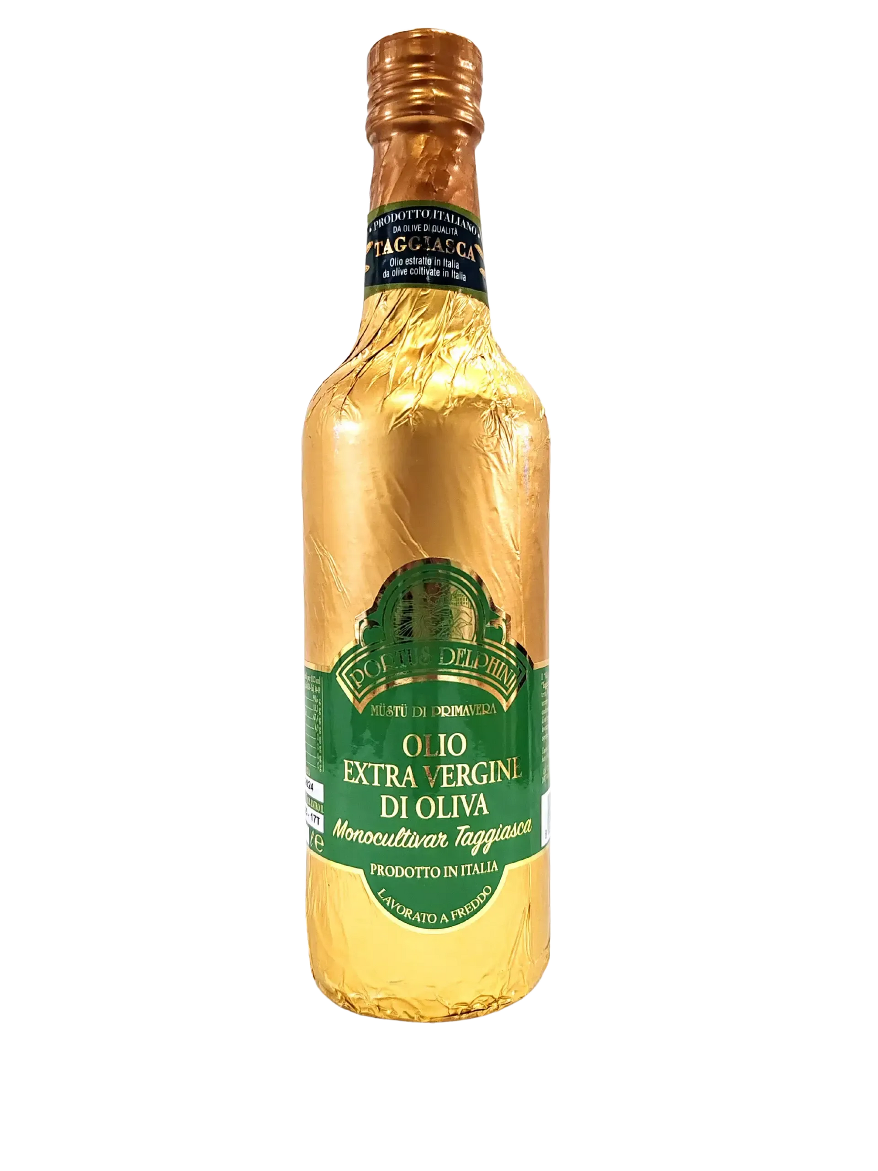 Una lussuosa bottiglia di olio extravergine Monocultivar Taggiasca, elegantemente avvolta in un incarto dorato e con una distintiva etichetta verde.