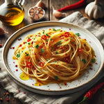 Uno squisito piatto di spaghetti aglio, olio e peperoncino, impreziosito da prezzemolo, è presentato vicino a una bottiglia di olio d'oliva e teste d'aglio.