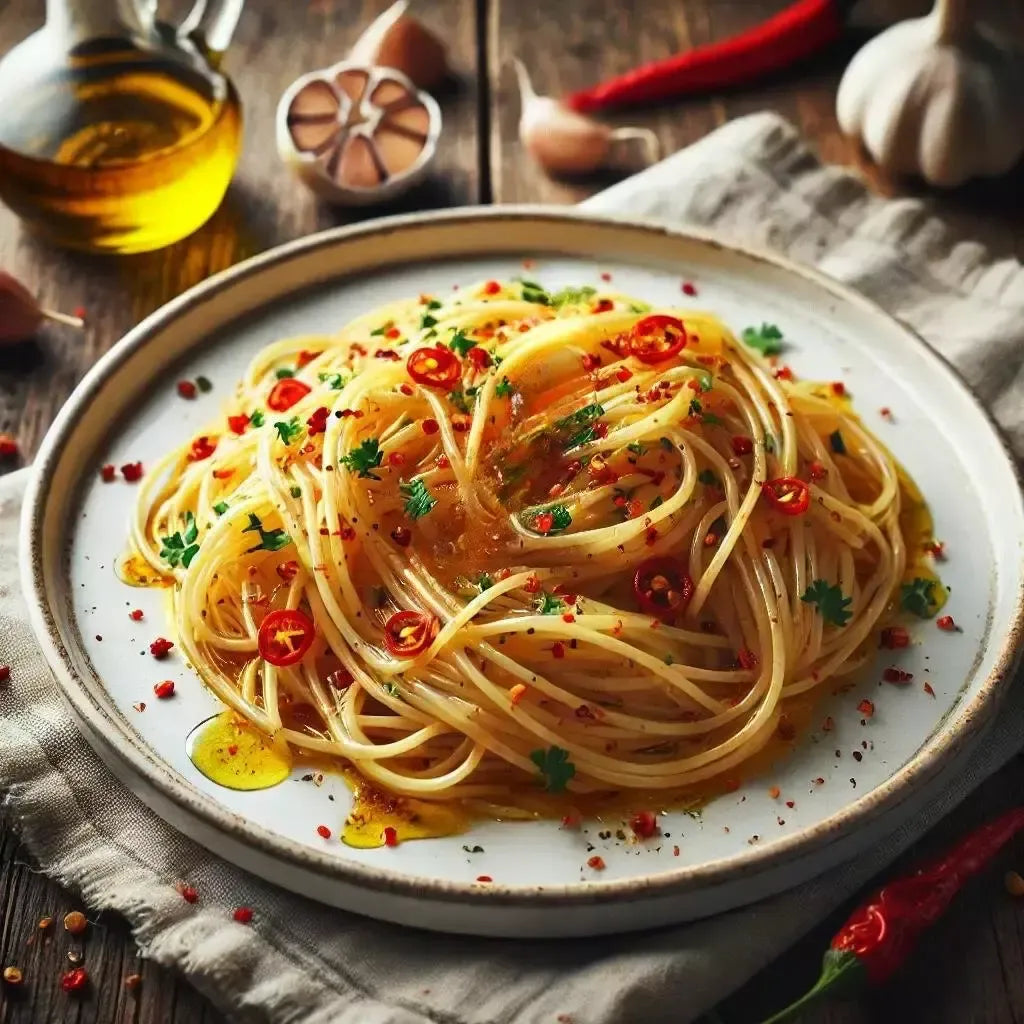 Uno squisito piatto di spaghetti aglio, olio e peperoncino, impreziosito da prezzemolo, è presentato vicino a una bottiglia di olio d'oliva e teste d'aglio.