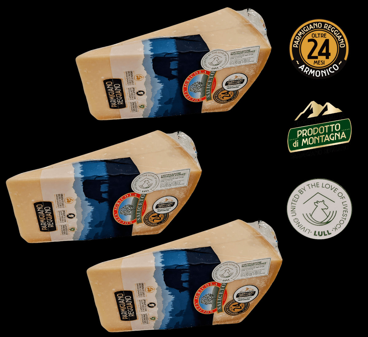 Un trio di punte di Parmigiano Reggiano DOP, stagionato per 24 mesi sulle montagne, con etichette uniche.