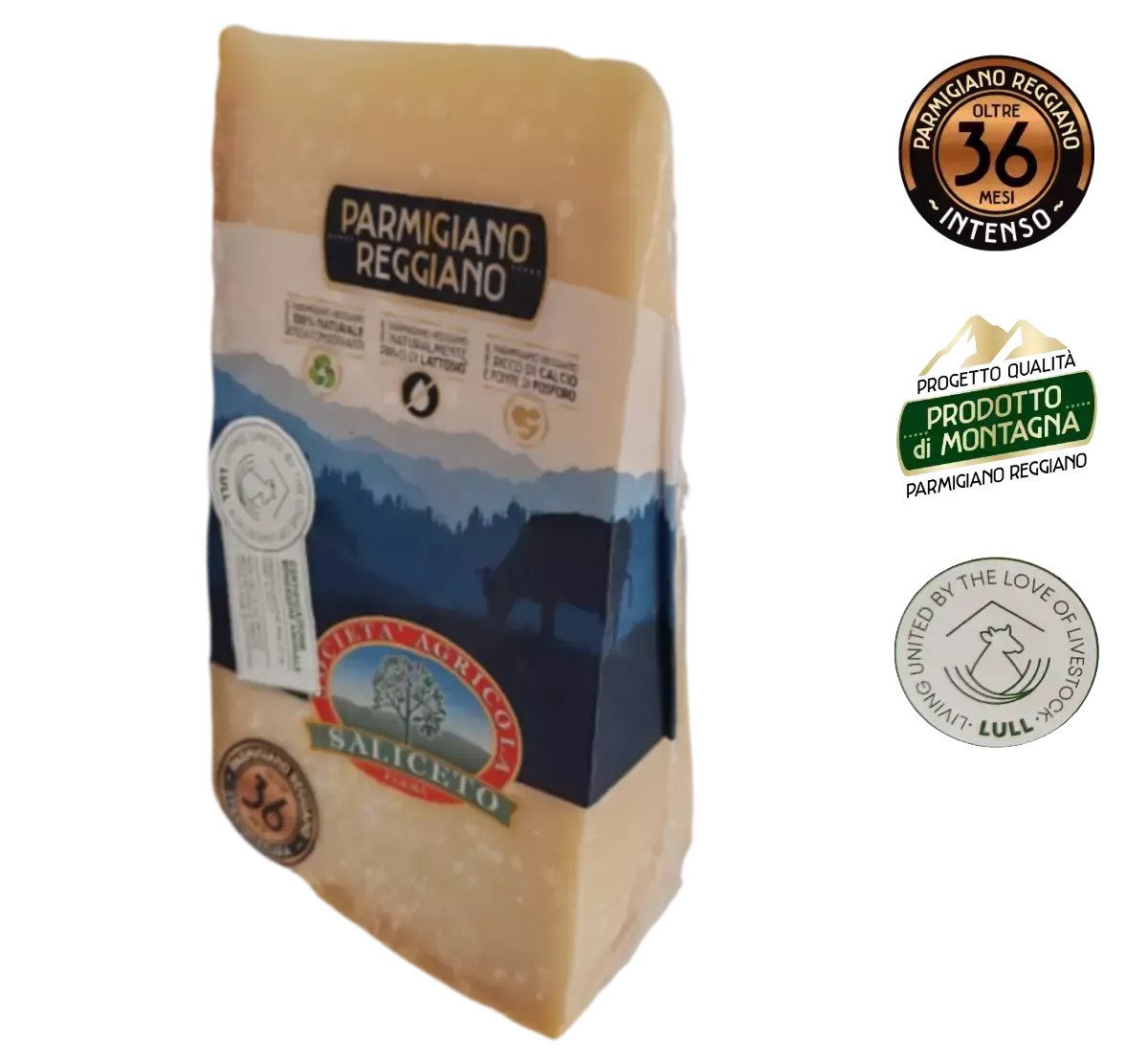 Un blocchetto di Parmigiano Reggiano DOP, stagionato per 36 mesi in montagna, presentato in un'elegante confezione con etichette distintive.