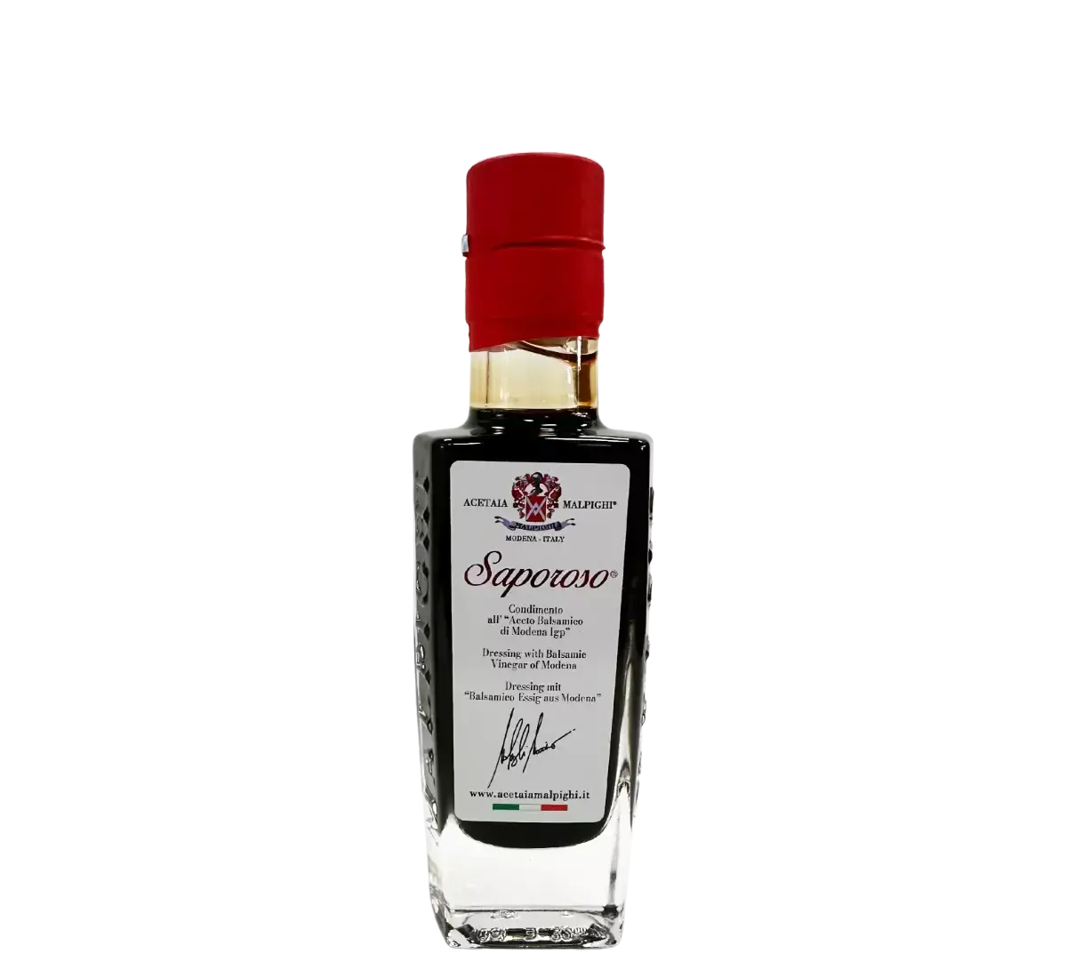 Saporoso aceto balsamico di Modena IGP, maturato per 6 anni, in bottiglia con etichetta bianca, tappo rosso e su sfondo nero elegante.