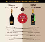 Otello NERODILAMBRUSCO: immagine di due bottiglie, una classica di vetro e una moderna in alluminio, contenenti lo stesso pregiato vino.