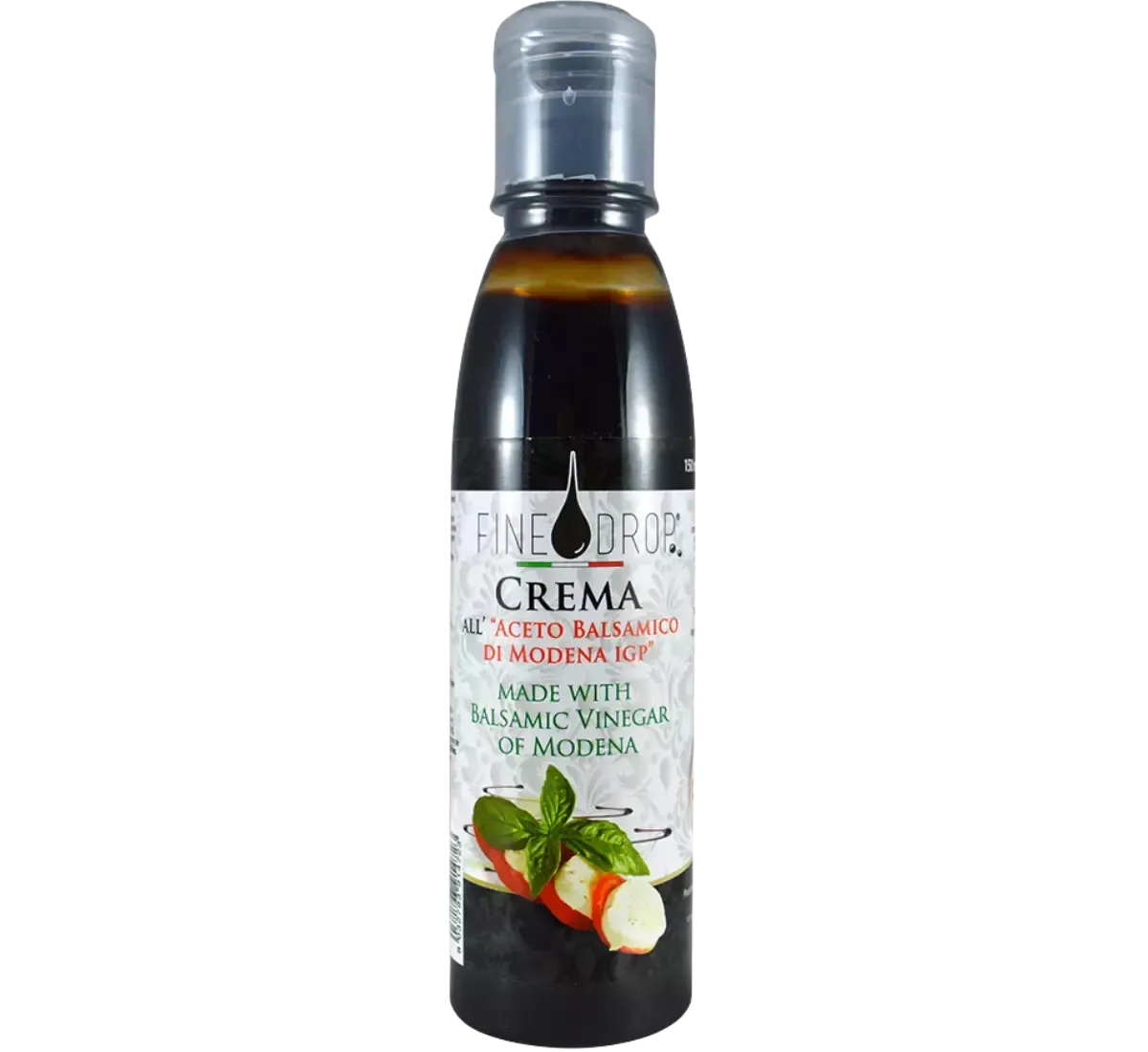 Bottiglia di Crema all'Aceto Balsamico di Modena IGP, con etichetta elegante, perfetta per arricchire ricette gourmet.