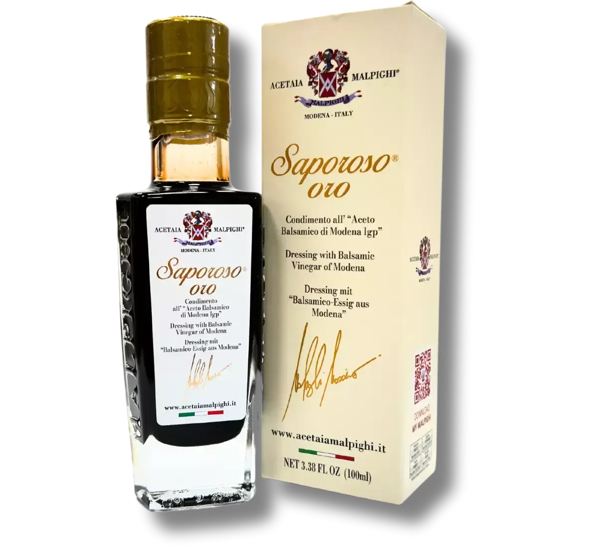 Presentiamo Saporoso Oro, un condimento balsamico di Modena IGP, invecchiato 8 anni, offerto in una confezione lussuosa e raffinata.