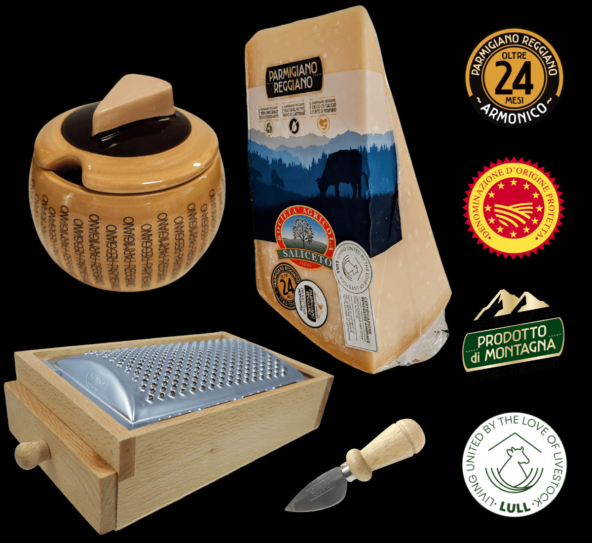 Scopri il cofanetto Parmigiano Reggiano: un formaggio stagionato 24 mesi, una grattugia in legno, una formaggiera in ceramica e un coltello a mandorla per un'esperienza di gusto unica.