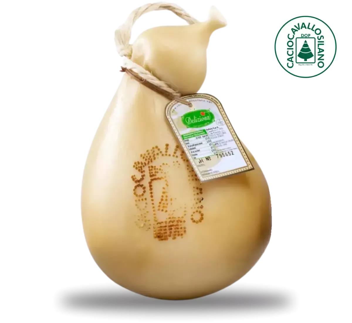 Un intero Caciocavallo Silano DOP, formaggio semistagionato italiano, con un aroma deciso e tradizionale, di qualità certificata.