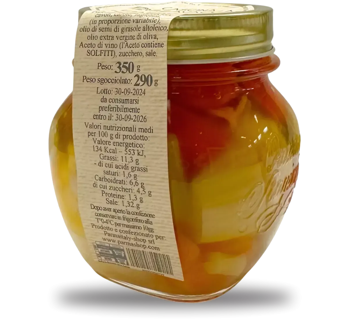 Roberta presenta un vaso artigianale da 350g di Giardiniera, un mix agrodolce di verdure fresche variopinte, con un'etichetta dettagliata.