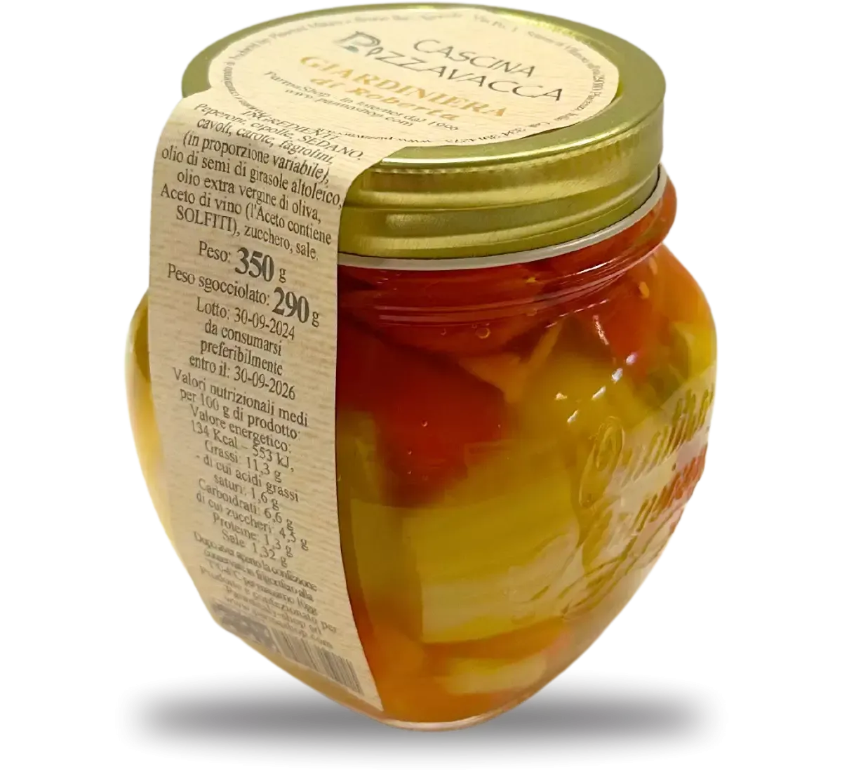 Un barattolo elegante racchiude la mestizia di sapori e tradizione: la giardiniera artigianale di Roberta, ricca di verdure colorate in agrodolce.