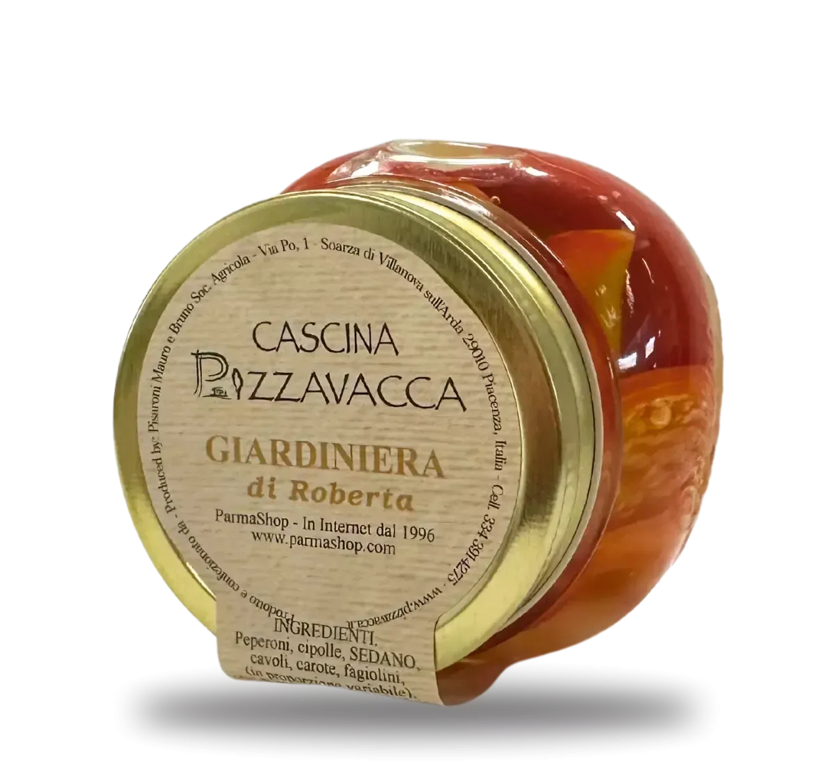 Un vasetto dorato di giardiniera artigianale in agrodolce di Roberta, ricca di verdure colorate e dal sapore autentico italiano.