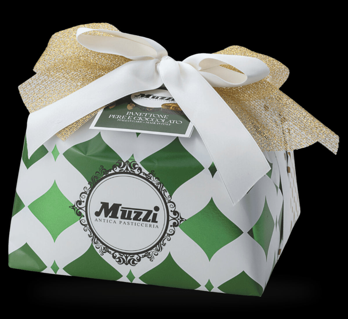 Artigianale Panettone Pere & Cioccolato, avvolto a mano, presentato in un'elegante confezione verde, abbellita da un fiocco dorato e bianco.