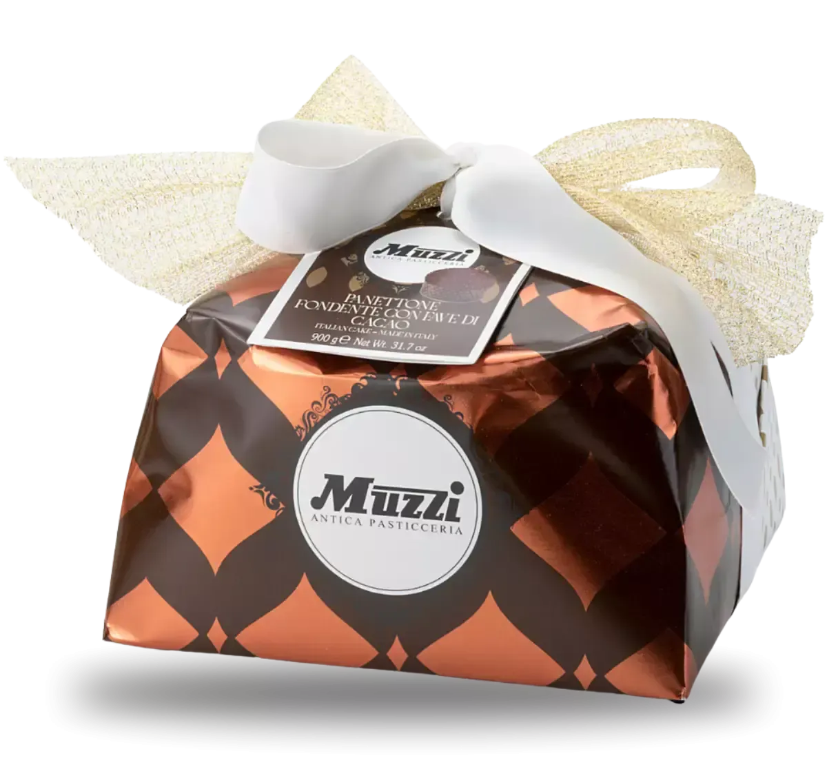 Un delizioso panettone al cioccolato Muzzi da 950g, sapientemente incartato a mano in una confezione bronzo, con un elegante fiocco dorato e l'accattivante aroma delle fave di cacao.