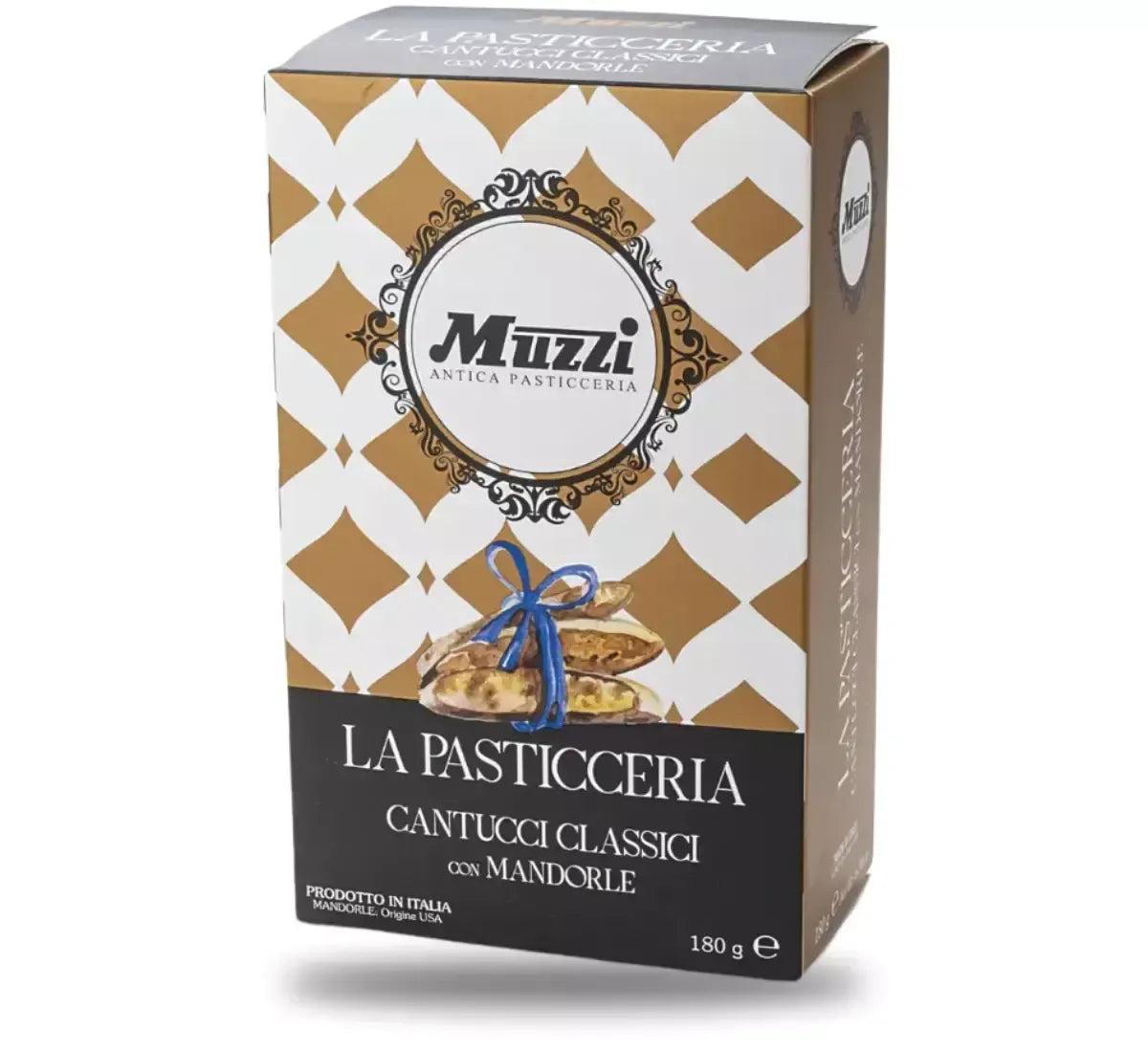 Un'elegante scatola di Cantucci toscani con mandorle, pesa 180g. I biscotti al suo interno sono friabili e dal sapore autentico, tipicamente tradizionale.