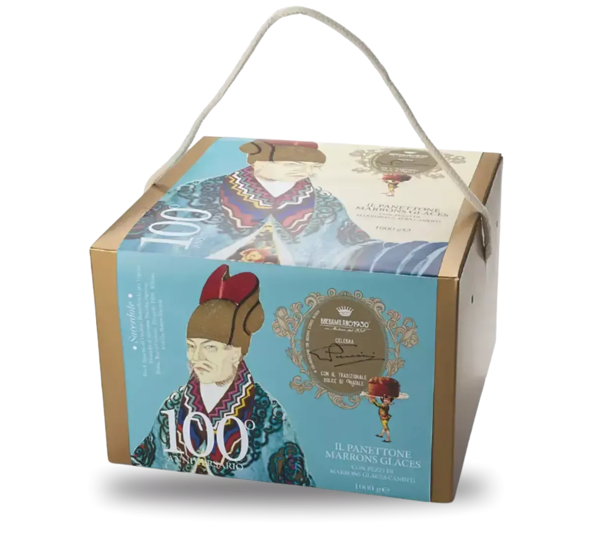 Un panettone delizioso, arricchito con marrons glacés, presentato in una scatola elegante decorata in stile Turandot. Ideale per le feste.