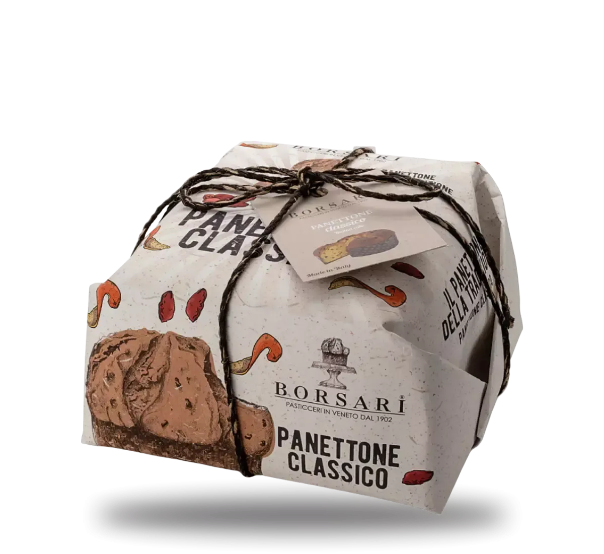 Midi Panettone tradizionale, avvolto a mano in una confezione di classe, impreziosito da uvetta e canditi, un autentico simbolo artigianale del Natale.
