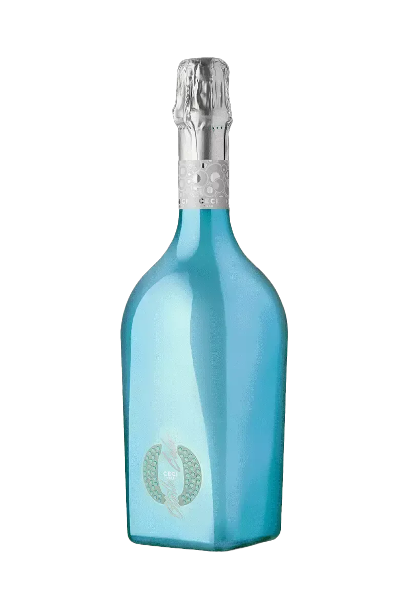 Una bottiglia blu di Otello Brut, spumante secco di raffinata eleganza, perfetto per celebrare occasioni speciali e festeggiamenti.